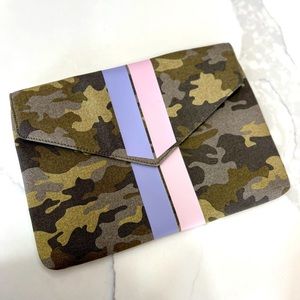 Stella & Dot Pink Striped Olive Army Green Camo Bellamy Envelope Clutch